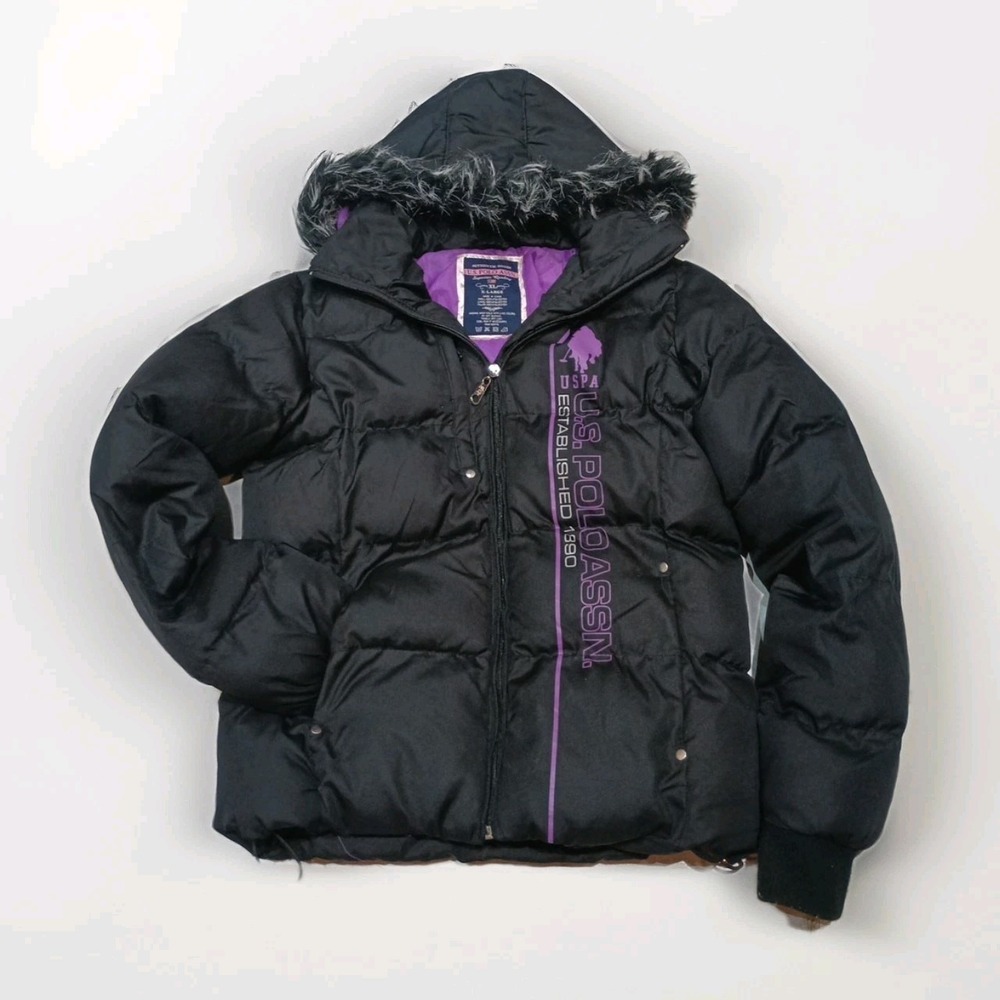 U.S. Polo Assn. Puffer Jacket Size XL Blue Hooded Faux Fur Trim Zip Snap Close
